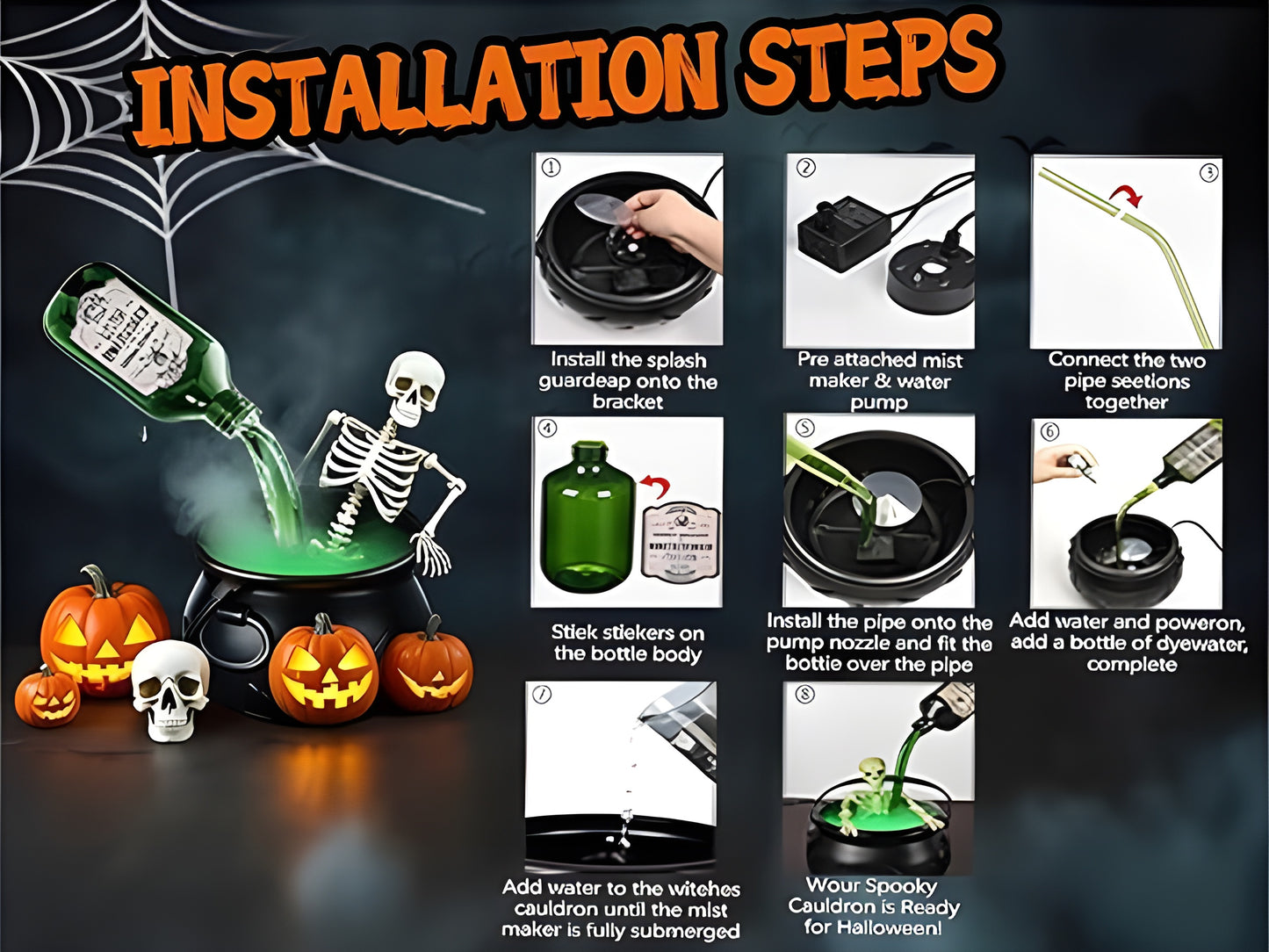Halloween Witch Cauldron with LED Lights & Fog Machine Spooky Skeleton Decoration for Haunted House, Home & Party Props