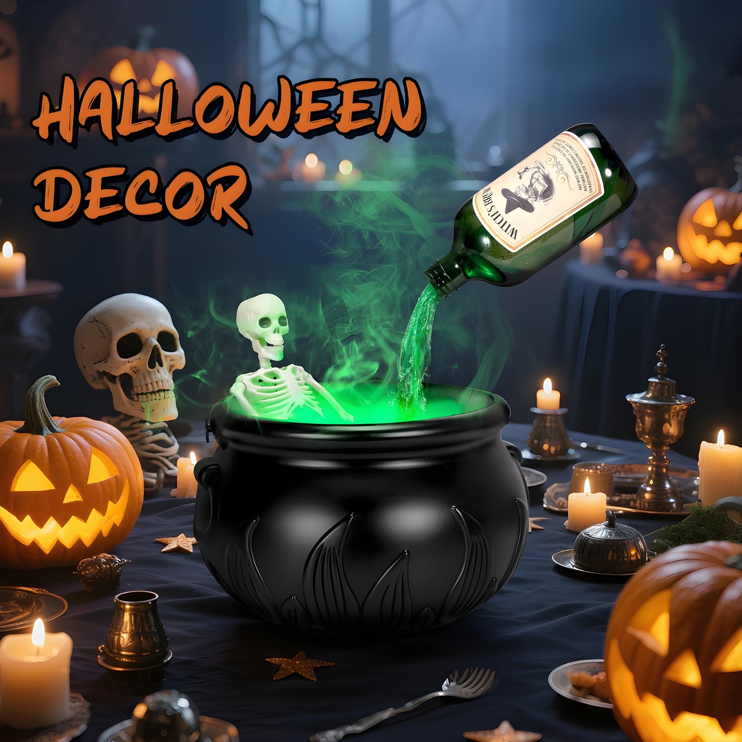 Halloween Witch Cauldron with LED Lights & Fog Machine Spooky Skeleton Decoration for Haunted House, Home & Party Props