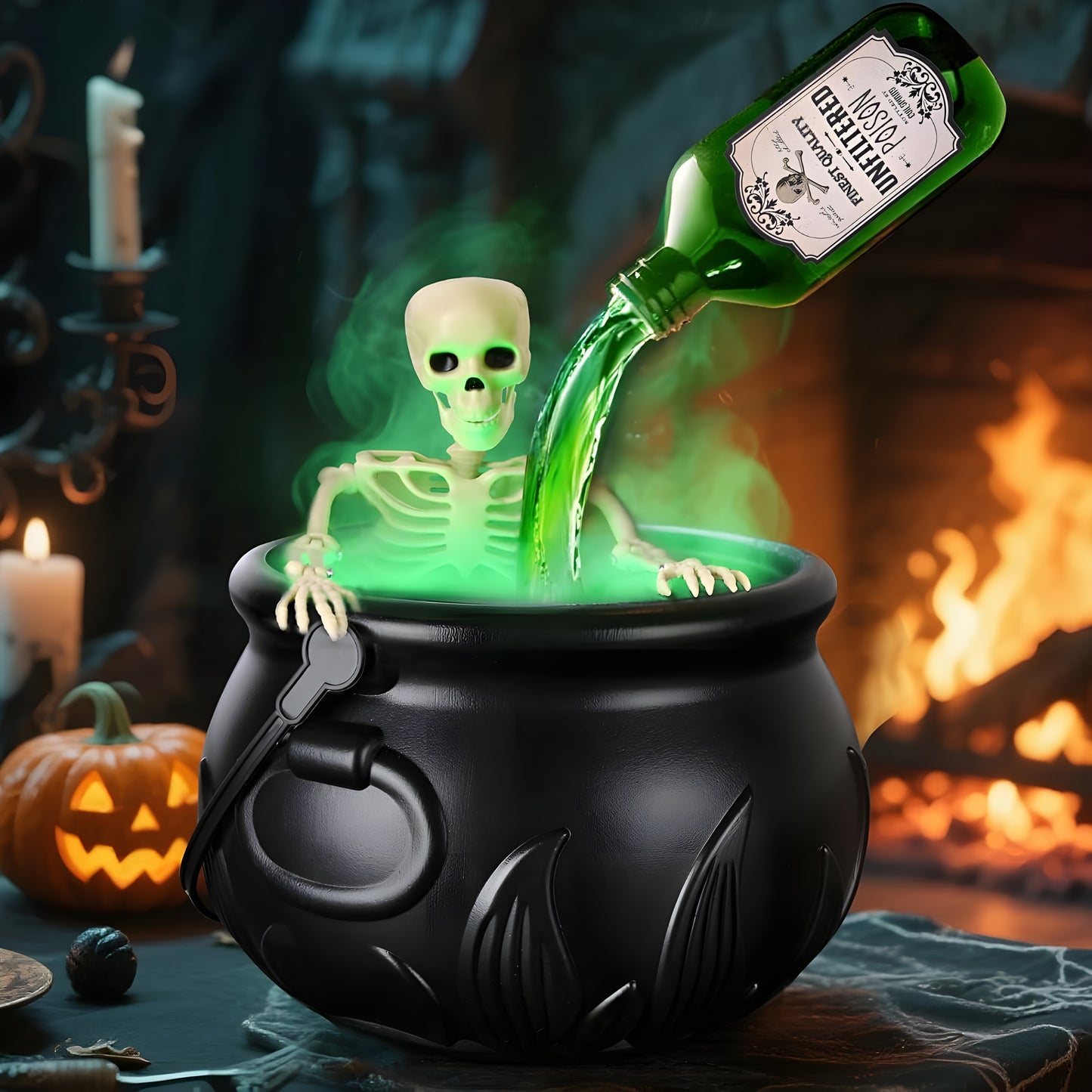 Halloween Witch Cauldron with LED Lights & Fog Machine Spooky Skeleton Decoration for Haunted House, Home & Party Props