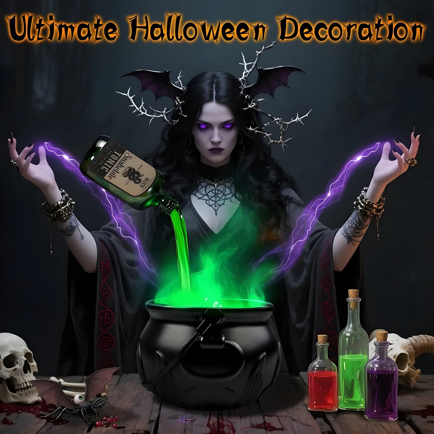 Halloween Witch Cauldron with LED Lights & Fog Machine Spooky Skeleton Decoration for Haunted House, Home & Party Props