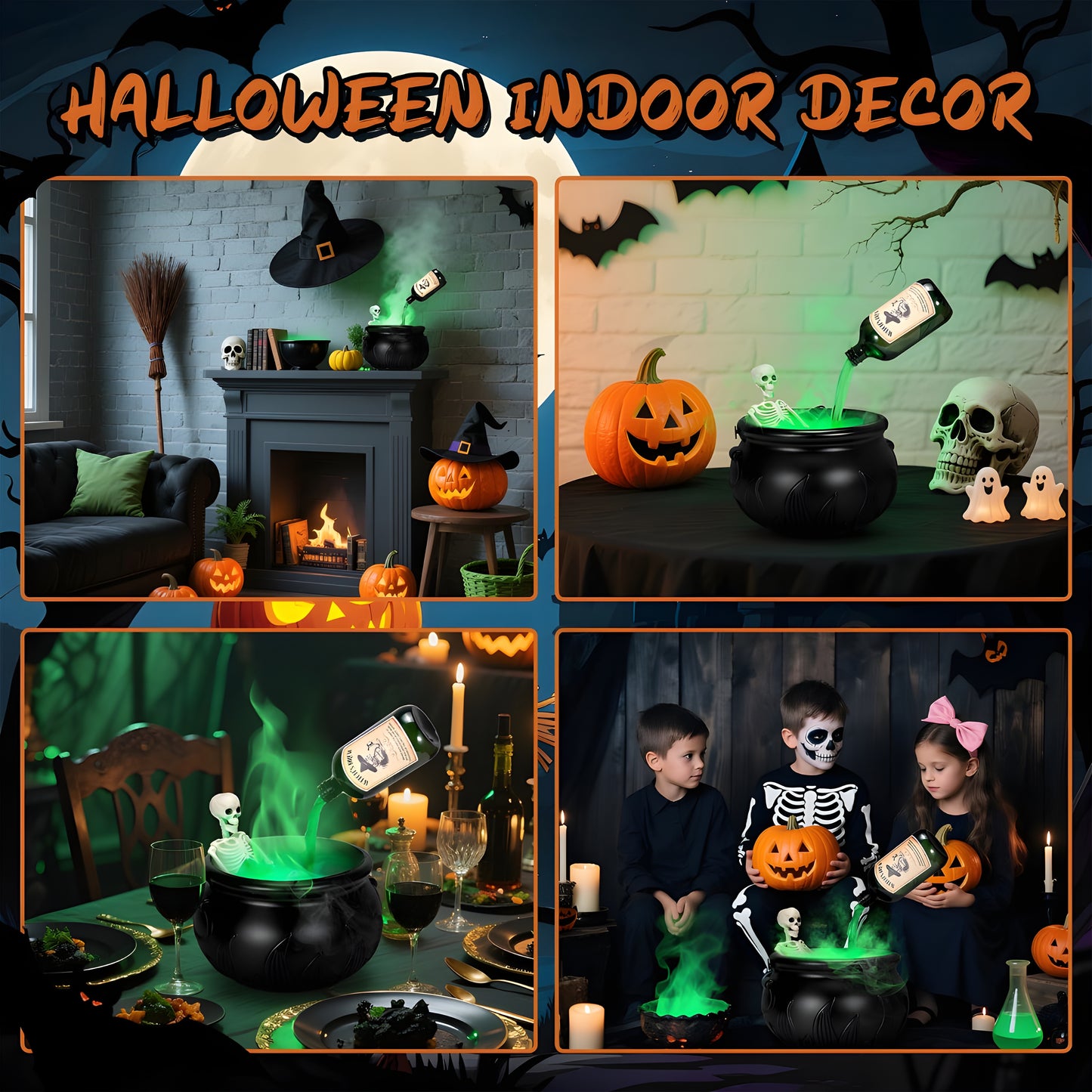Halloween Witch Cauldron with LED Lights & Fog Machine Spooky Skeleton Decoration for Haunted House, Home & Party Props